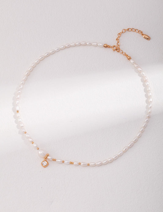 Baroque Pearl With Gold Beads and Zircon Pendant Necklace